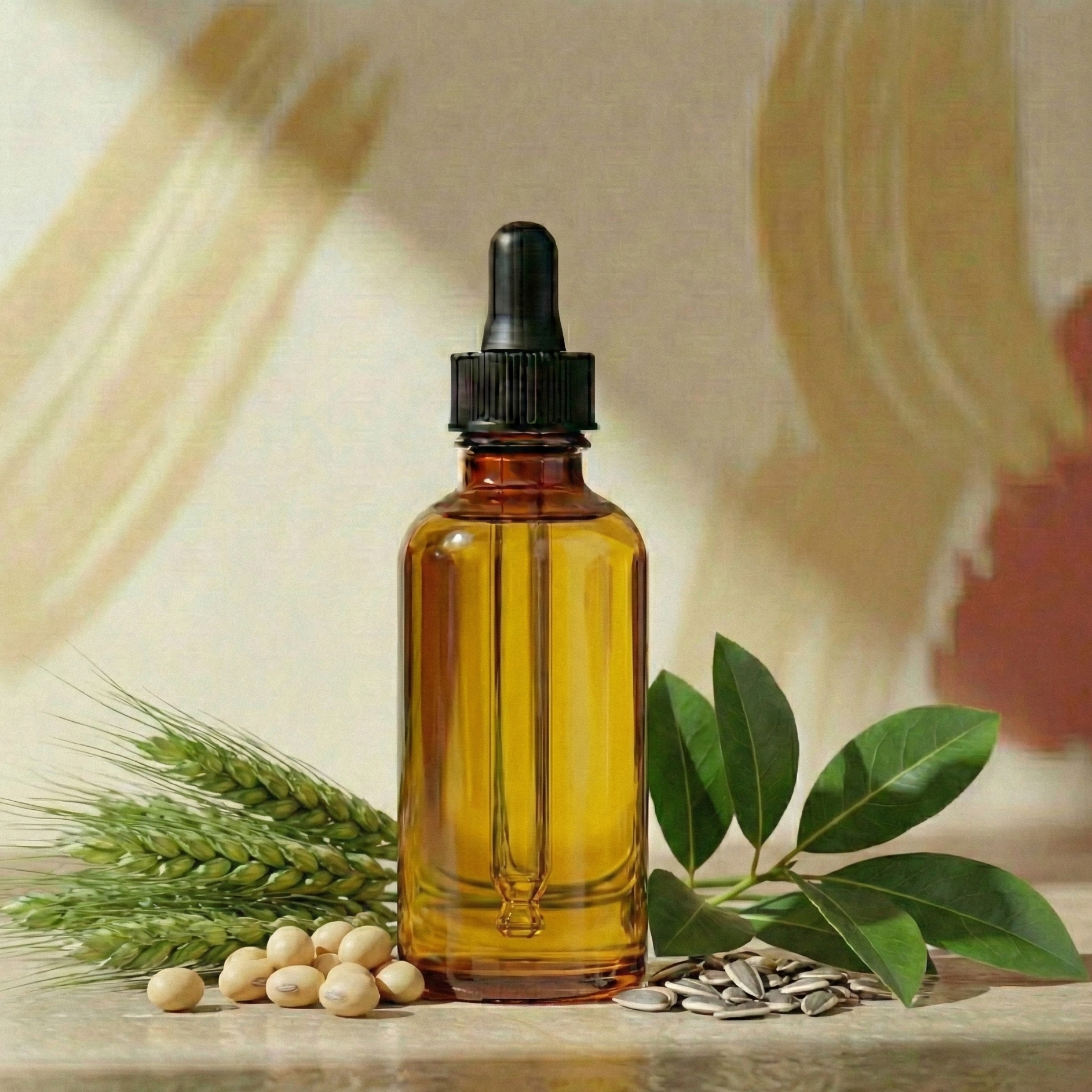 Amber glass dropper bottle with a natural background featuring leaves and seeds.