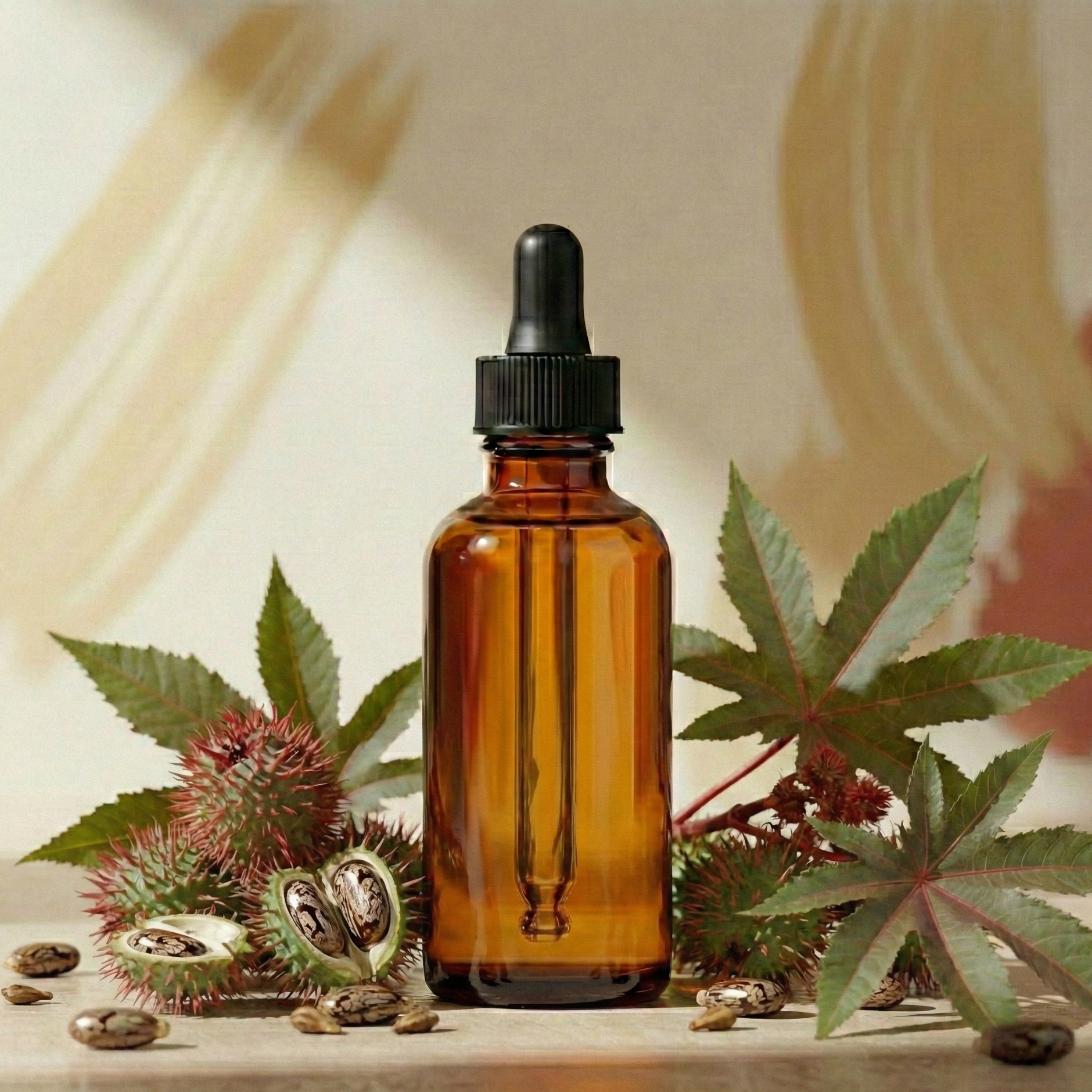 Brown glass dropper bottle with cannabis leaves and seeds on a neutral background