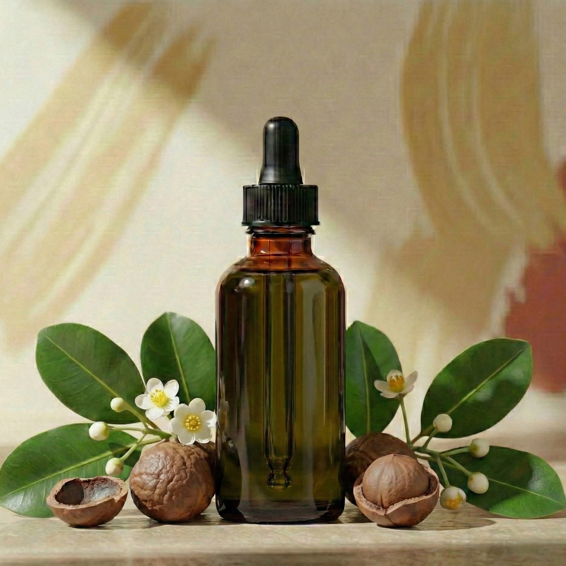 Brown glass dropper bottle with macadamia nuts and leaves on a neutral background
