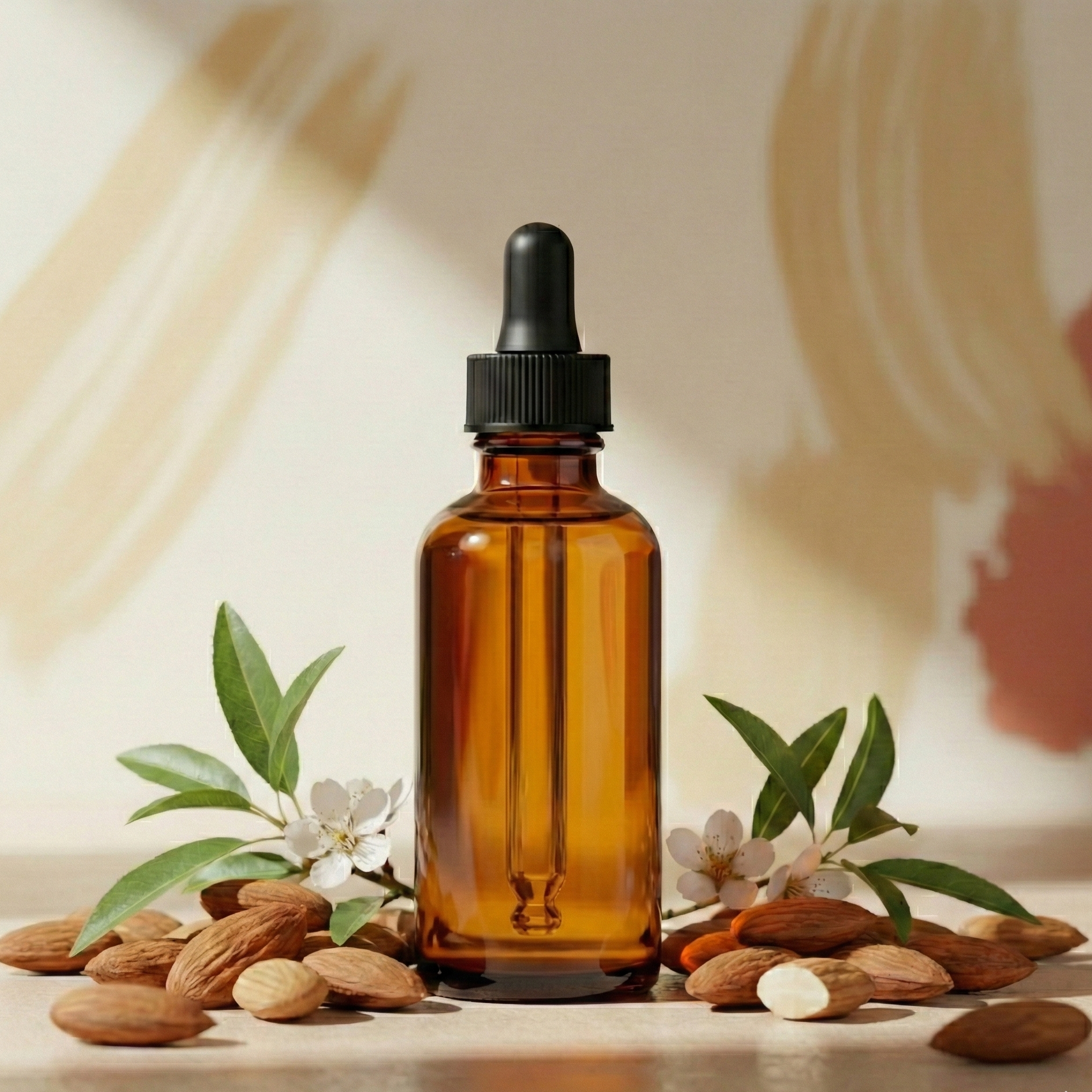 Amber glass dropper bottle with almonds and almond leaves on a neutral background