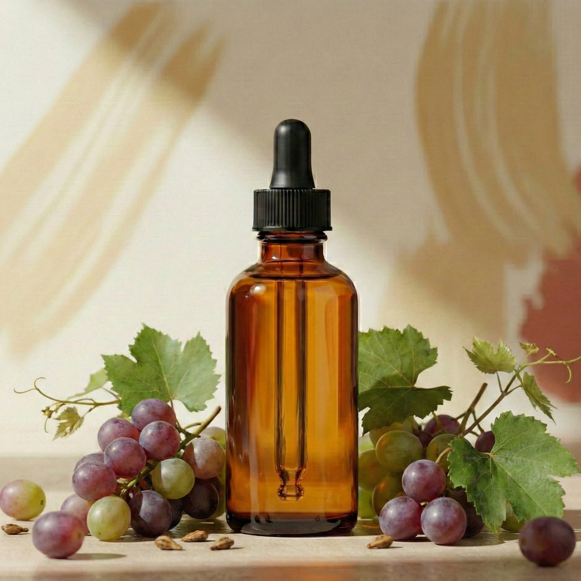 Amber glass dropper bottle with grapes on a wooden surface