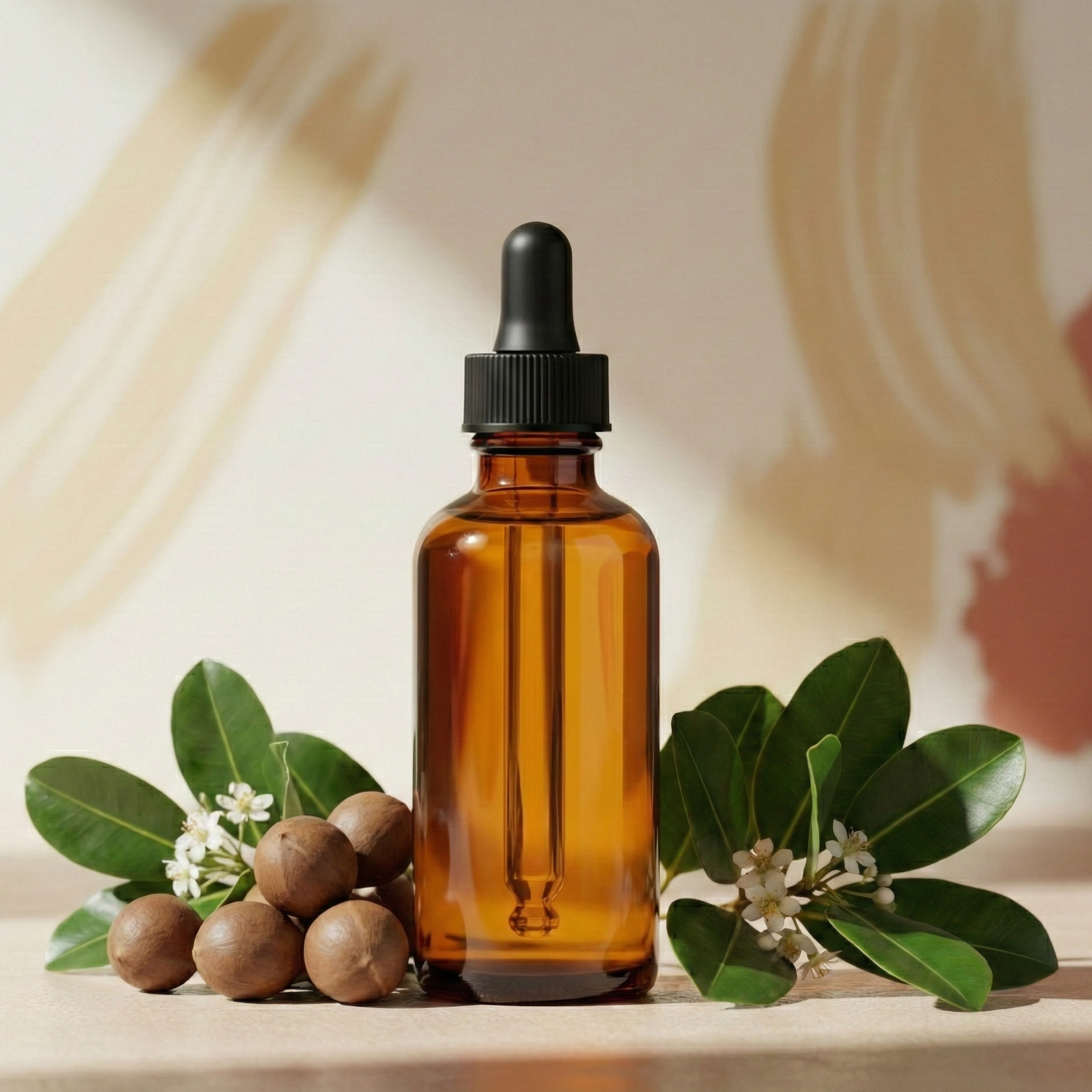 Brown glass dropper bottle with macadamia nuts and leaves on a neutral background