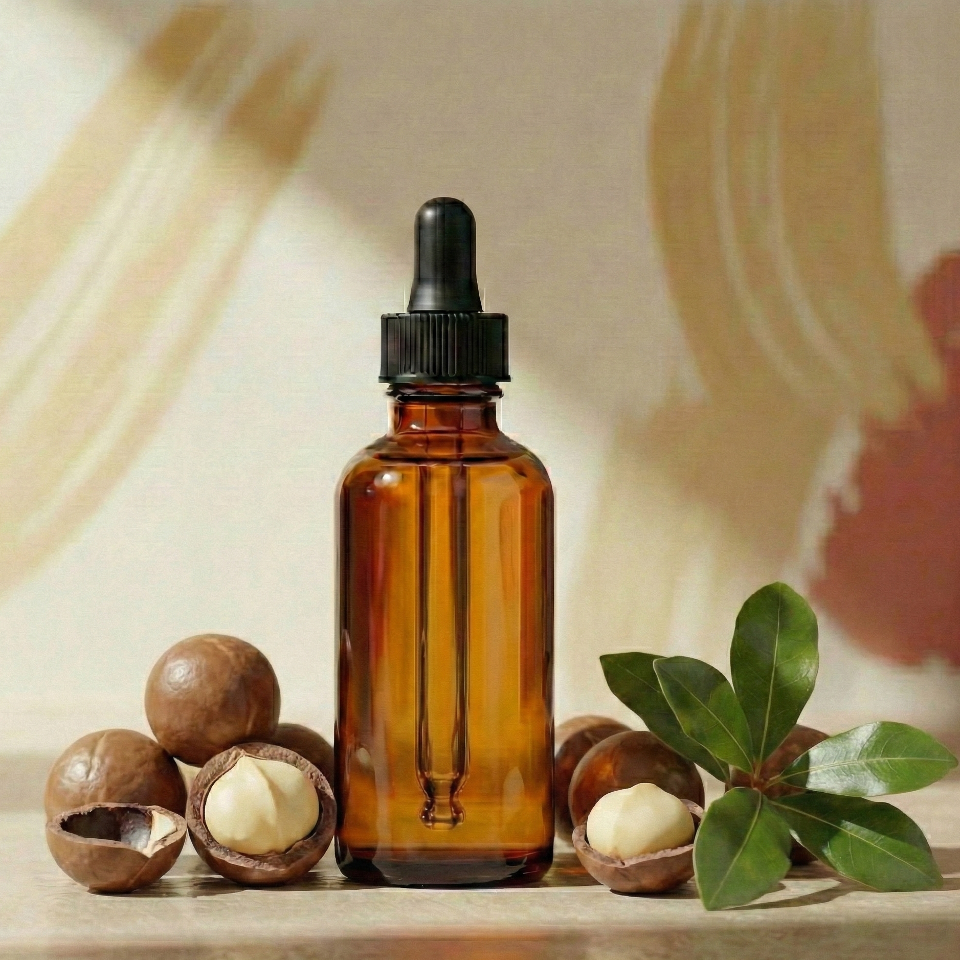 Brown glass dropper bottle with macadamia nuts and leaves on a neutral background