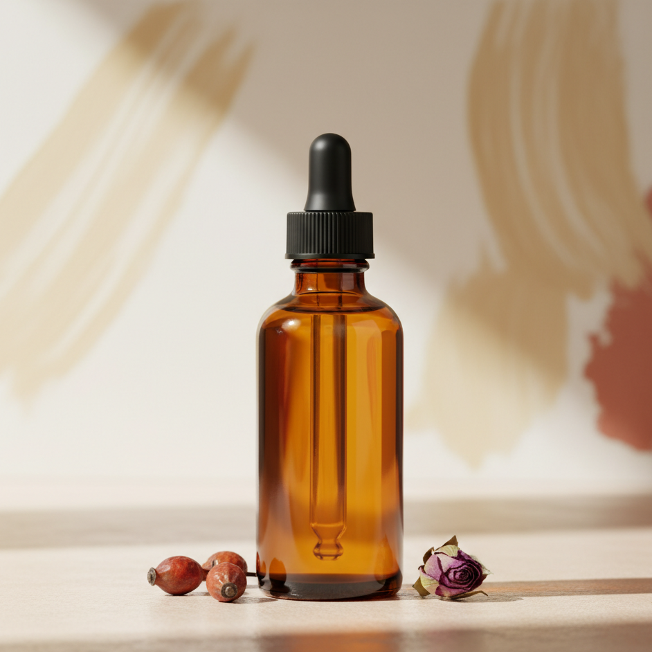 Amber glass dropper bottle with black cap on a neutral background