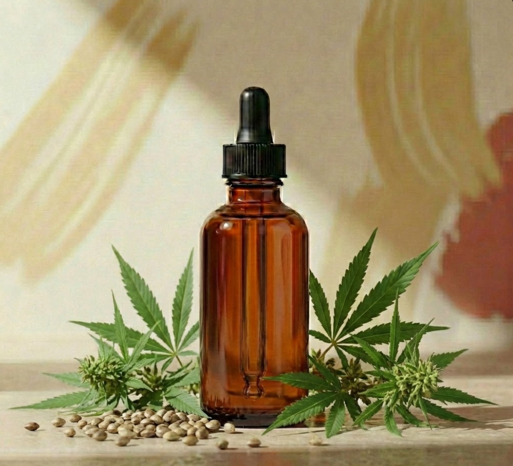 Brown glass dropper bottle with cannabis leaves and seeds on a wooden surface