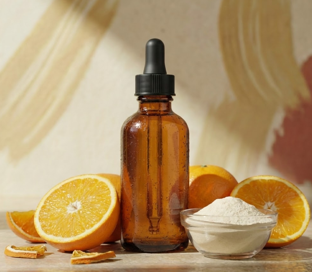 Brown glass dropper bottle with oranges and a bowl of white powder on a wooden surface.